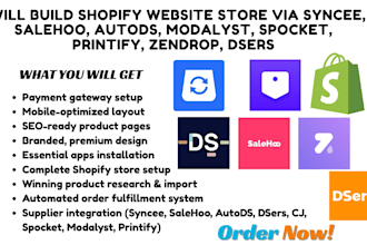 build shopify store via syncee salehoo autods dsers cj spocket modalyst printify