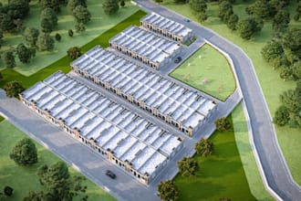 3d row housing masterplan,flat roof home,community layout,aerial view rendering