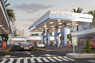 3d charging station,gas station mockup,strip mall,car wash design,service center