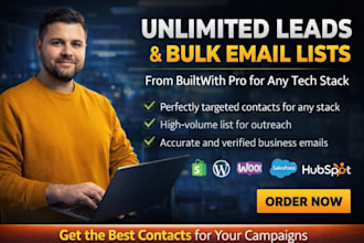 provide unlimited leads, bulk emali list from builtwith pro for any tech stack