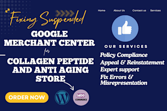 fix suspended google merchant center for collagen, anti aging peptide store