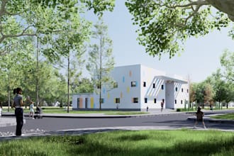 create quality educational facility render  kindergarten and livelyschool facade
