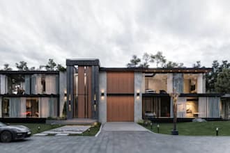 redesign forest pearl villa, modern exterior site plan render, landscape design