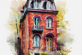 create a watercolor house portrait or buildings