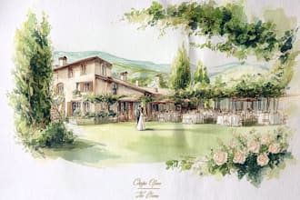 create watercolor wedding venue, house, landscape