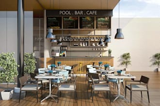 design realistic 3d outdoor cafe, modern pool bar, coffee shop or 3d restaurant