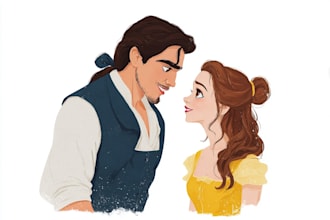 draw adorable cartoon disney couple art for you