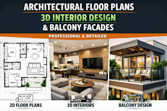 create detailed architectural floor 3d interior design and facades of balcony
