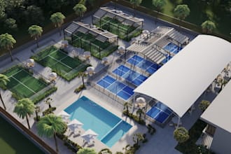 design padel courts park,layout plan,3d sport facility,pickleball,tennis court