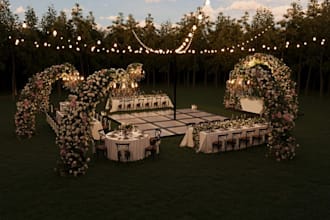 design wedding dinner venue,luxury event decor, garden party,cgi exterior patio