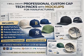 create custom hat and cap tech pack with mockup for snapback, trucker and fitted