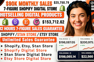 90k 7figure shopify digital product store, etsy shop, stan store digital store