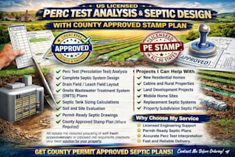 us licensed perc test analysis and septic design with county approved stamp plan