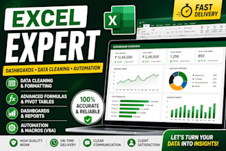 do excel data cleaning, dashboard, formulas and automation