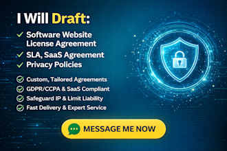 draft software website license agreement, sla, saas agreement, privacy policies