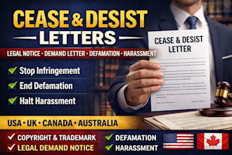 cease desist letter legal notice demand letter harassment defamation usa uk