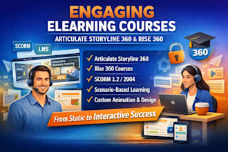 design articulate storyline 360, scorm interactive course, rise 360 or ispring