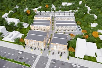 design 3d landscape masterplan, residential complex,street view, bird eye render
