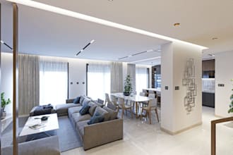develop contemporary apartment interior,living room furniture layout, cgi render