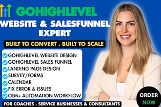 build gohighlevel website salesfunnel, chat, calendar workflow, forms, survey