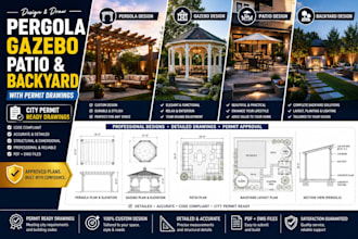 create pergola design, gazebo, patio and backyard design with permit drawings