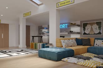 renew modern playroom, render indoor recreational area,3d interior visualization