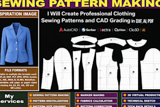 create professional clothing sewing patterns and cad grading in dxf, ai, PDF