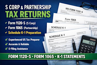 prepare and file form 1120s, 1065 and schedule k1 for s corp or partnership