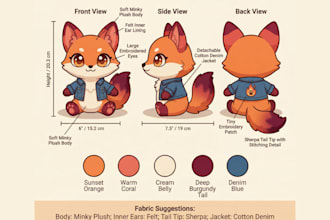 design custom plush reference sheet stuffed animal oc sewing pattern tech pack