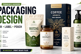 design product packaging, box, label and pouch with 3d mockup