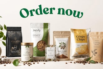 design food packaging pouch, coffee and label design with 3d mockup