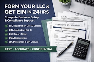 register llc, get ein in 24hrs, file boi report, dba and dissolve llc