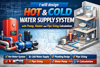 design hot and cold water supply system with pump, heater and pipe sizing