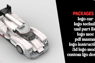 design 3d lego model, car, bike, minifigure with manual instruction and xml part