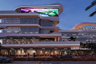 render 3d kitchen interior, luxury resturant mall, cgi  exterior design layout