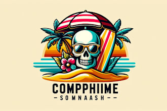 do skull with surfing board under beach umbrella logo in high definition