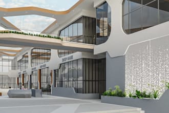 modern 3d mall entrance facade exterior,retail space design,wall decor,cgi lobby