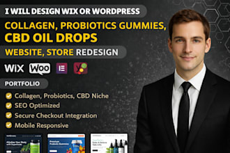design wix or wordpress collagen, probiotics gummies, cbd oil drops website