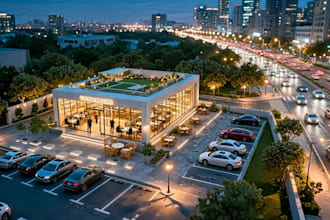 expand 3d cafe space planning exterior,shop layout,bar lounge design,parking lot