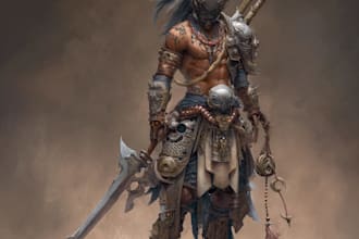 do original fantasy character concept with weapons and armor