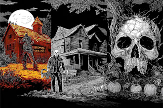 draw dark art, horror, halloween, haunted house or skull illustration
