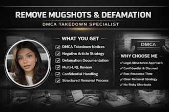 remove mugshots, negative articles, defamation and send dmca takedown notices