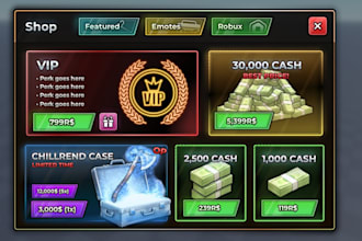 design game ui, user interface, hud, buttons, inventories, menu for roblox game