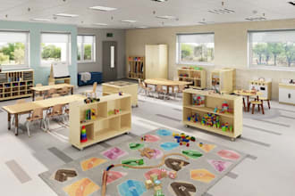 setup 3d realistic kids classroom interior,cgi playground design,basement layout