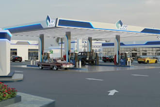 3d architecture design for gas station,ev station,supermarket,car showroom,park