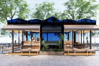 renew3d outdoor coffee shop,dinning area design,rooftop bar lounge,garden layout