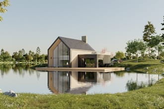 cgi tiny cabin resort, 2d plan, 3d model for modular container, 3d prefab home