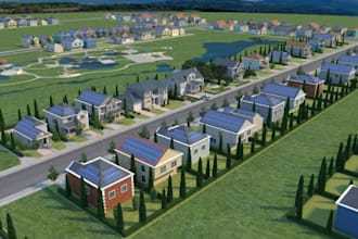 develop 3d rendering from 2d site plan, community housing render, suburban plan