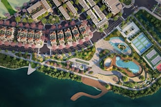 deliver resort master plan, aerial view rendering, develop waterfront property
