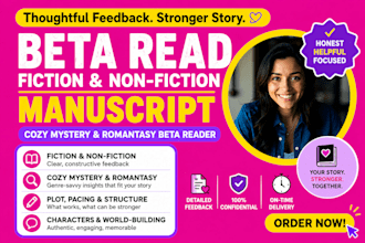 beta read fiction non fiction manuscript, cozy mystery and romantasy beta reader